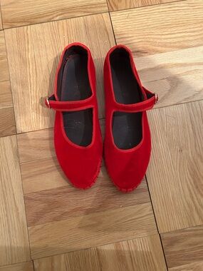 Flabelus Red Velvet Mary Jane Flats with Buckle Strap